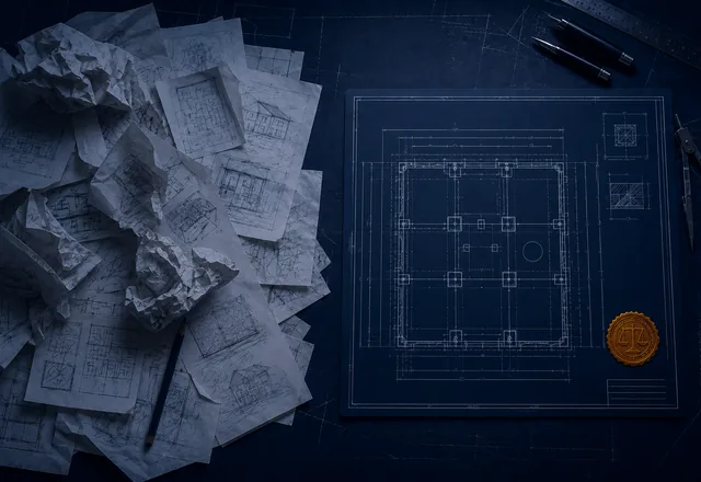 One master drawing set against many buildings produced from it.