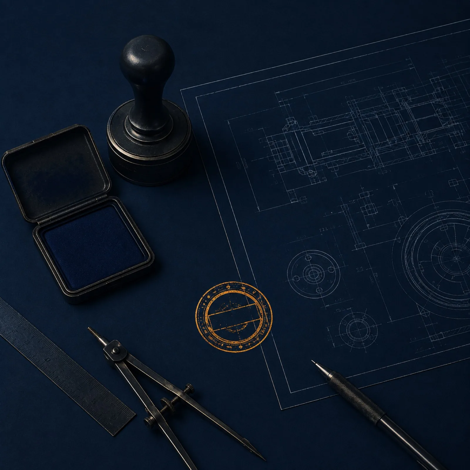 Inspection stamps and an ink pad laid out on a navy surface.