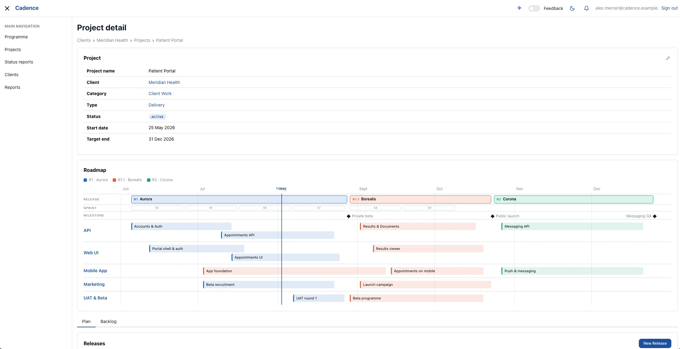 Cadence demonstration system: a delivery roadmap showing release bands and milestone markers across a timeline.